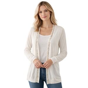 LOFT Ivory Embellished Sheer Cardigan Sweater Long Sleeve Open Front Women 79-09